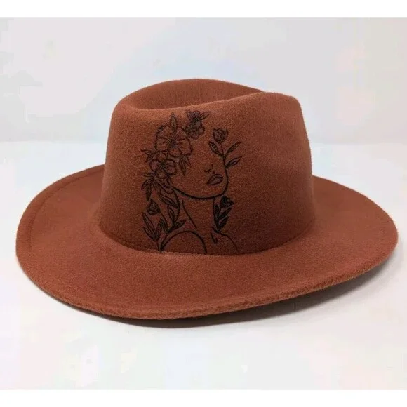 Fedora Hat Wide Brim Artwork Design Woman Figure Rustic Orange OSFM - Picture 1 of 9